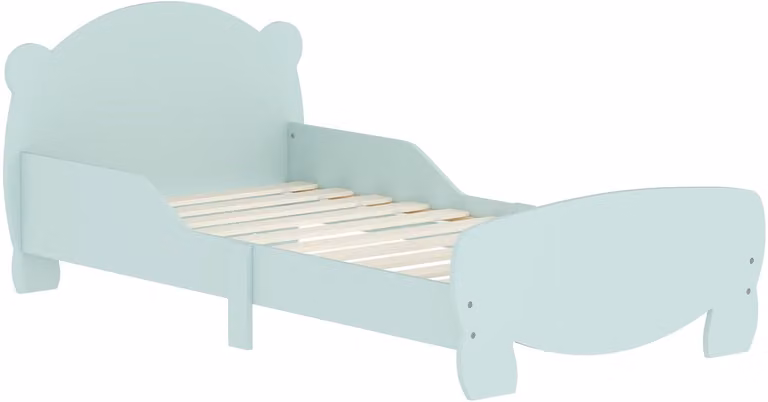 Groen kinderbed met berenthema en veiligheidshekjes, 70 x 140 cm, van massief hout