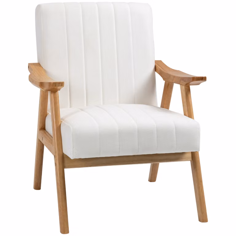 HOMCOM Gestoffeerde stoel in Skandi-design met fluweellook en massief houten frame, Naturel+Crème, H x B x D: 82 x 68 x 74 cm
