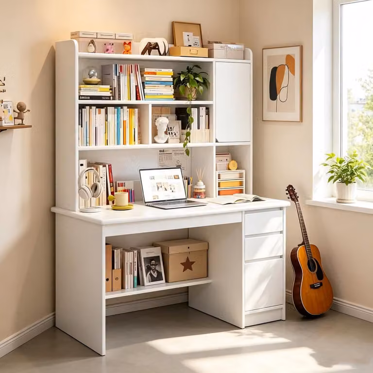 Wit bureau met opbergkast en studeertafel voor thuiswerken, B/D/H: 120 x 45 x 165 cm