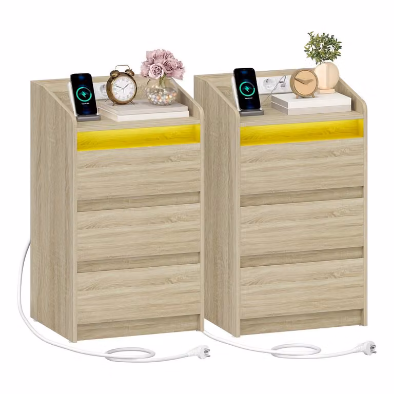 Set van 2 moderne nachtkastjes met 3 lades, oplaadstation met USB en stopcontacten en geïntegreerde LED-verlichting, Eiken/Zwart