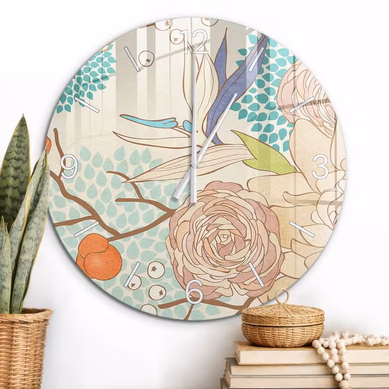 ArtPrintCave Romig Glazen Klok - Ronde Wandklok met Bloemig Design - Diameter: 60 cm