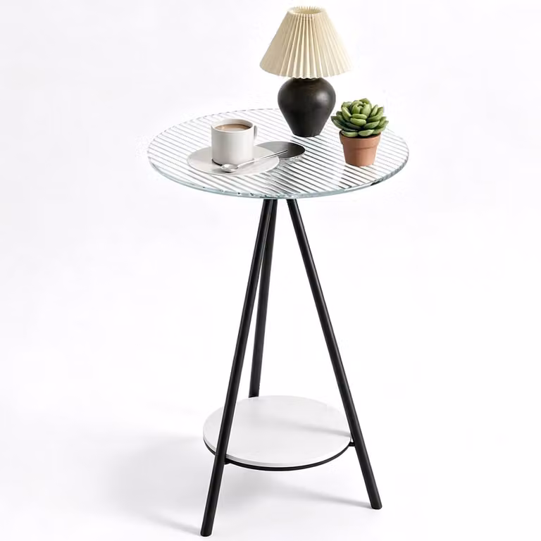 AIMASON Ronde Bijzettafel met 2 Niveaus en Geribbeld Glas, Zwart Metalen Frame, Ø 40 x H 59 cm