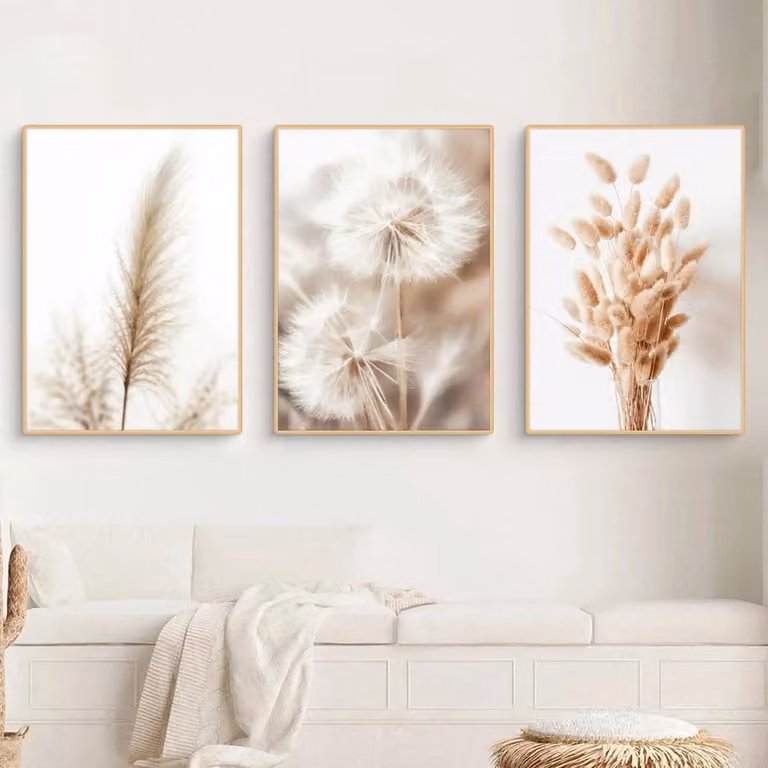 Set van boho wandafbeeldingen met beige pampasgras en botanische canvasfoto's voor woonkamer of slaapkamer, 13 x 18 cm