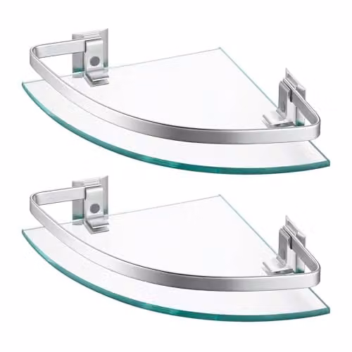 KES Set van 2 Aluminium en Gehard Glas Badkamer Hoekplanken, Zilver, Wandmontage