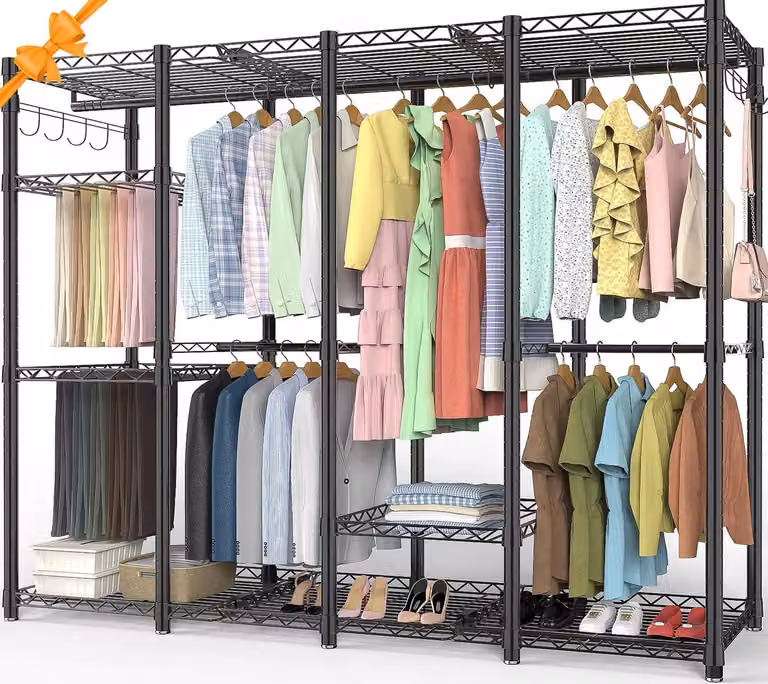 Open Kledingkast met 3 Kledingstokken en 2 Planken - Verstelbaar - Metaal - Voor Slaapkamer, Studio en Garderobe