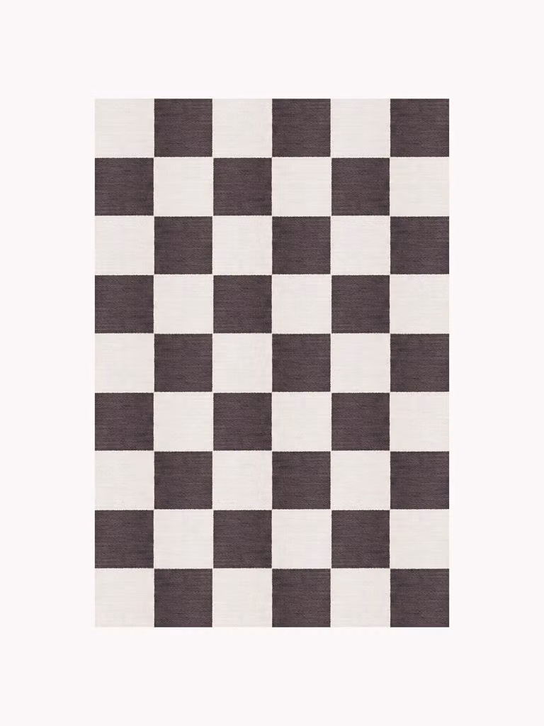 Handgeweven laagpolig wollen vloerkleed Chess Flatweave met checkerboard patroon
