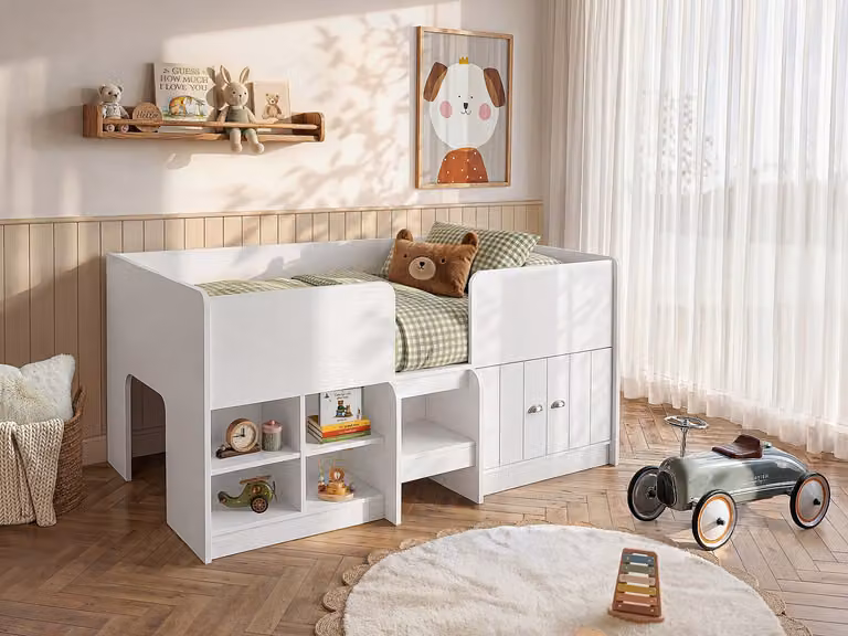 BOUTANIO Halve hoogsloper voor kinderen met opbergruimte en geïntegreerde plank, Wit, B/D/H: 190 x 90 x 95,4 cm