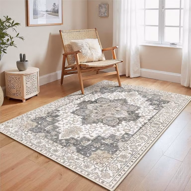 SnelShoppen Vintage Vloerkleed Boho Stijl in Pastel Grijs Bruin, Machinewasbaar met Antislip Onderkant, B/D: 120 x 170 cm
