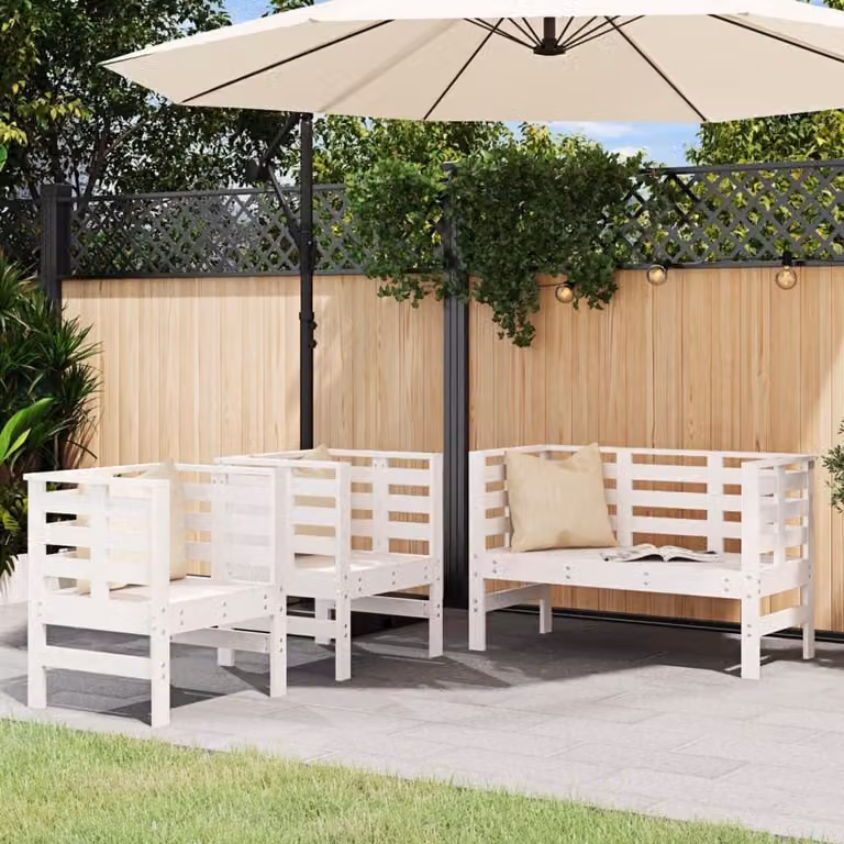 3-delige tuin lounge set met pallettafel in wit massief grenenhout