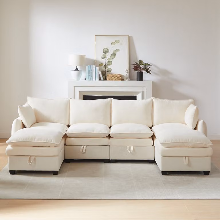 Modulaire U-vorm bank met opbergruimte en 6 kussens in Chenille stof voor uw woonkamer of kantoor