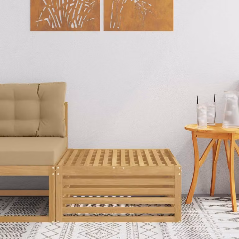 Voetenbank van massief acaciahout met lamellendesign voor tuin en terras, B/D/H: 79 x 79 x 37 cm