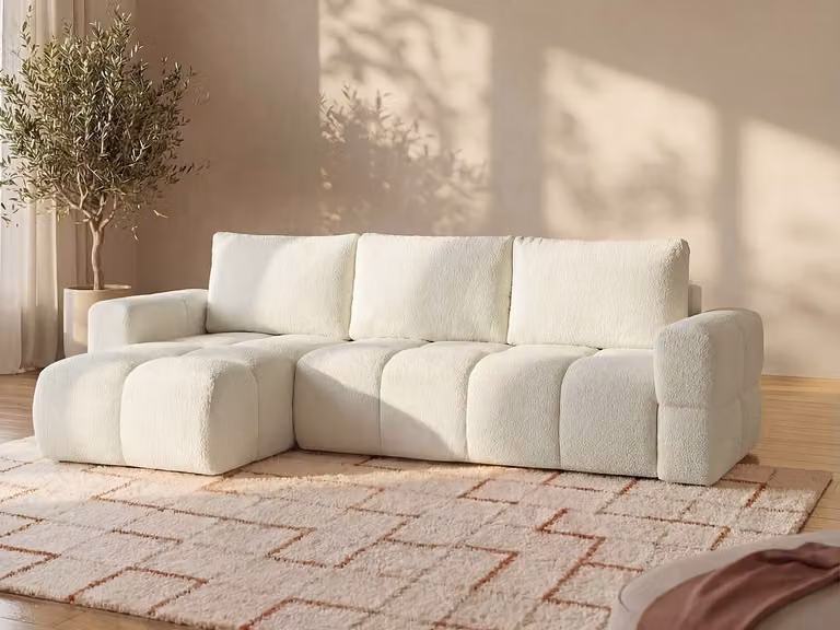ISSORO Hoekslaapbank in beige boucléstof met omkeerbare hoek en slaapfunctie, 150 x 245 cm