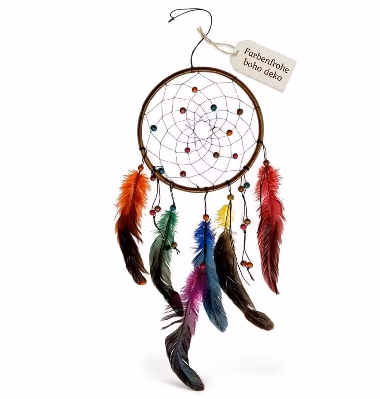 Dailygoods Dromenvanger Kleurrijk - Boho Wanddecoratie met Houten Kralen en Veren - 16 x 30 cm