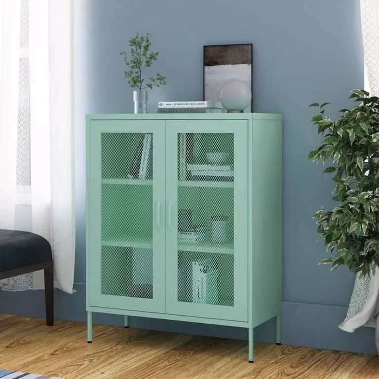 Mintgroen Dressoir met stalen frame en houten elementen, B/D/H: 80 x 35 x 101,5 cm