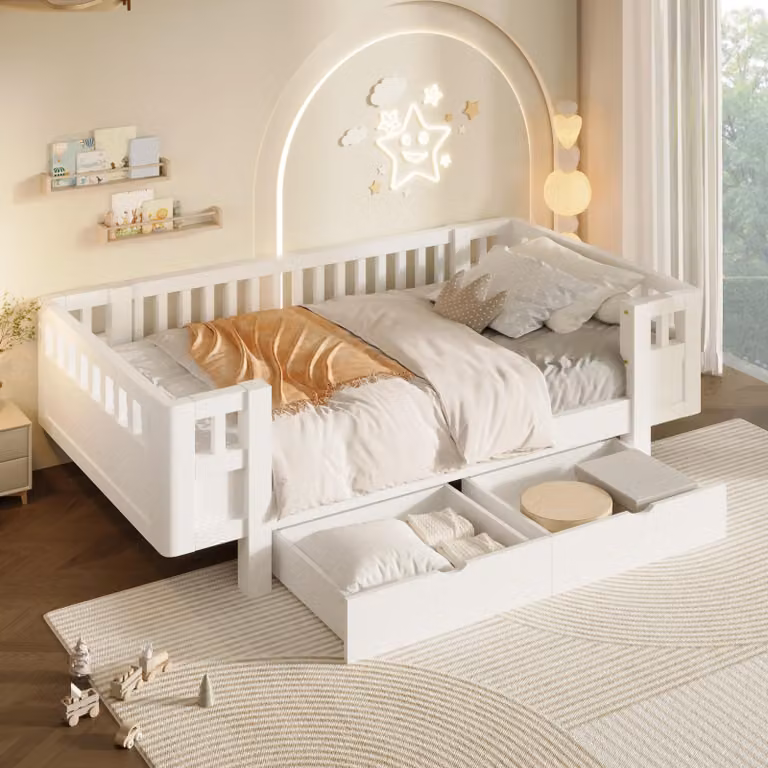 OKWISH Kinderbed met veiligheidsreling en twee lades, houten platformbed in wit, 90 x 200 cm