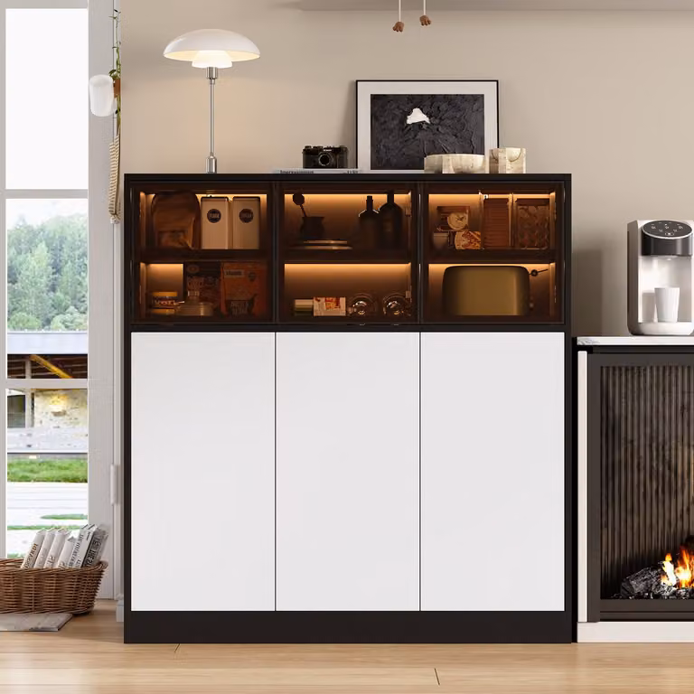 Wishdor Dressoir met LED-verlichting en glazen vitrine, zwart wit houtlook, B: 100 cm, D: 40 cm, H: 105 cm