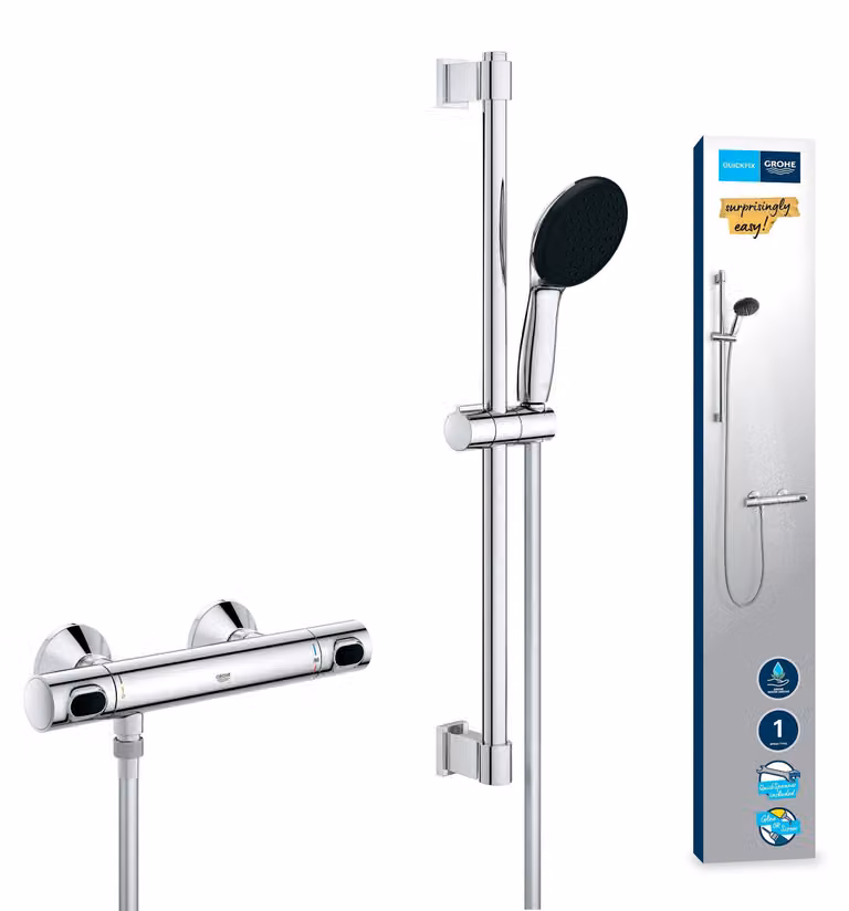 Grohe Doucheset met Thermostatische Mengkraan, 1-straals Douchekop, 60cm Stang en Flexibele Slang - Chroom - 34800001