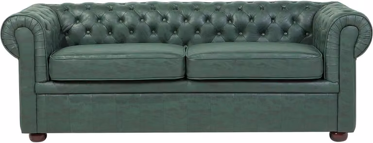 Chesterfield 3-zitsbank in groen kunstleer met afneembare hoezen en sierkussens