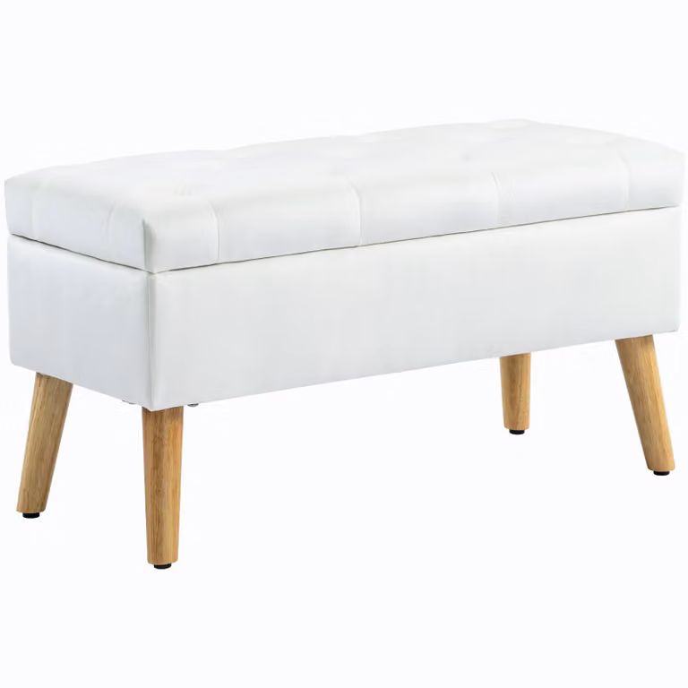 HOMCOM multifunctionele opbergbank in wit fluweel met houten poten, B/D/H: 80 x 35 x 40 cm