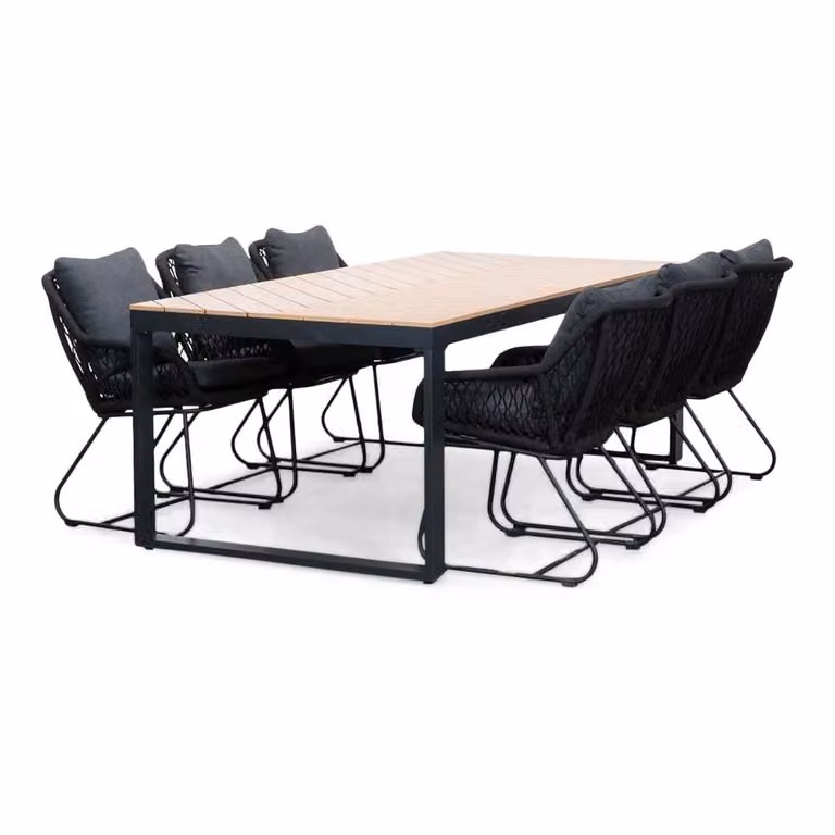Kampa Natural/Portofino dining tuinset zwart voor 6 personen van polywood en touw, Breedte: 210 cm