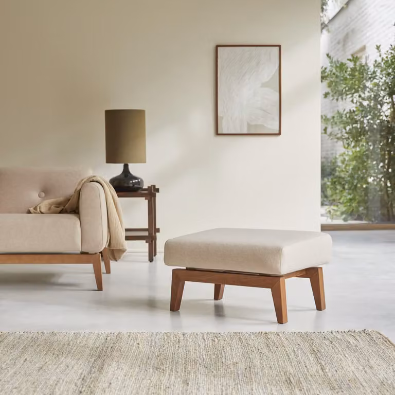 Tikamoon Bjorn Voetenbank van massief eikenhout en textiel - Beige/Wit
