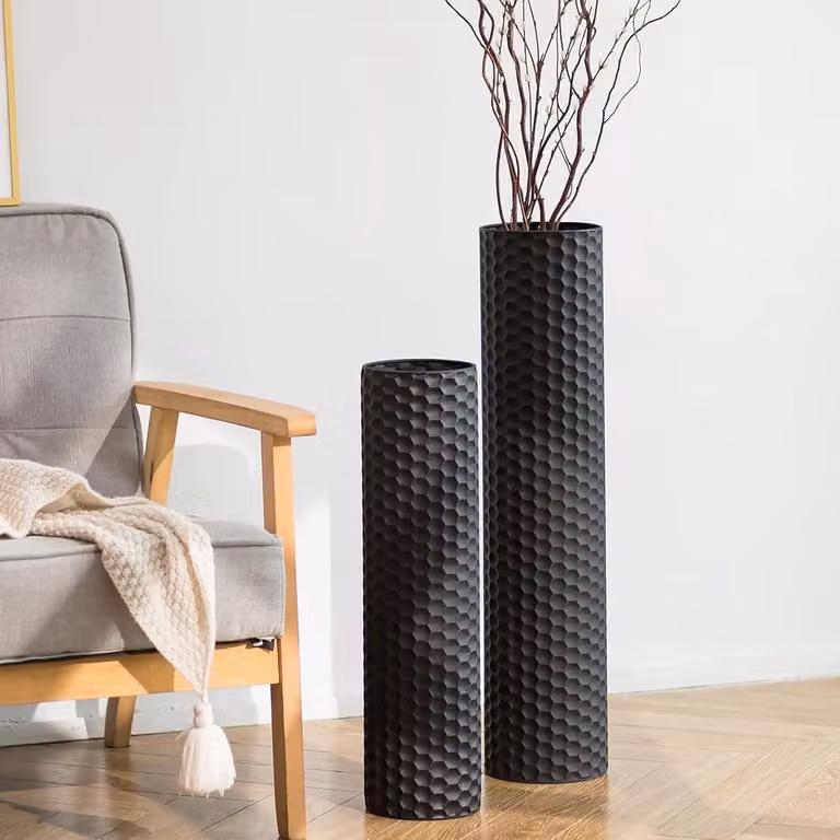 Set van 2 Grote Zwarte Vloervazen met Honingraatstructuur - Hoogte: 70 cm en 55 cm