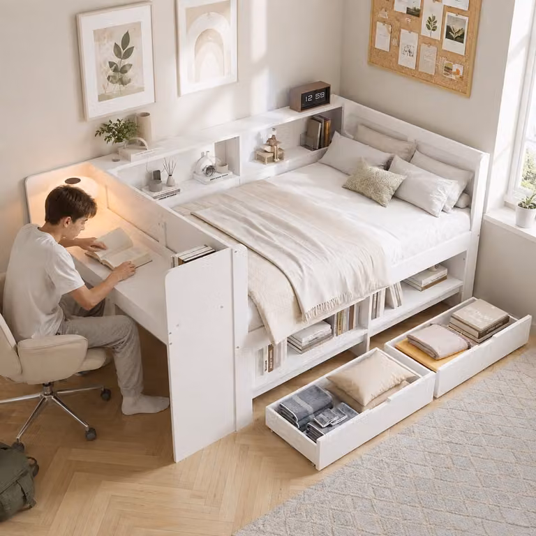 STILVORA Bed met Bureau en Opbergkast voor Kinder- en Jeugdkamer, Wit, B/D: 120 x 200 cm