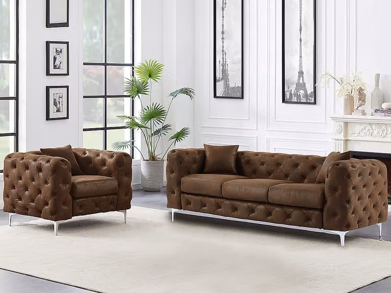 Vente-unique EDWINA Chesterfieldbank en fauteuil van microvezel met verouderd leereffect in bruin