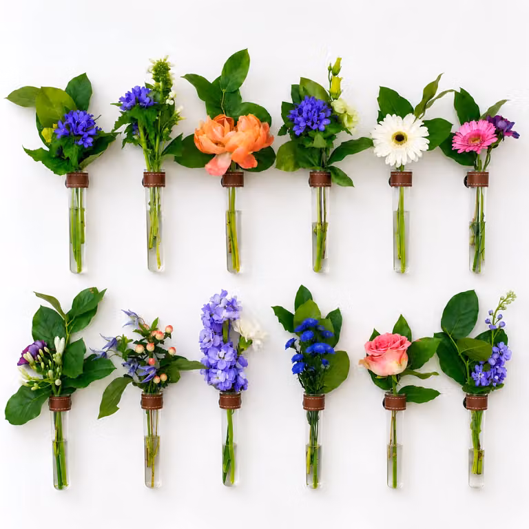 TWILG Magnetische Wandvaasjes 12 stuks - Glas met Cognac leer - Moderne stekstation voor droogbloemen en reageerbuisjes