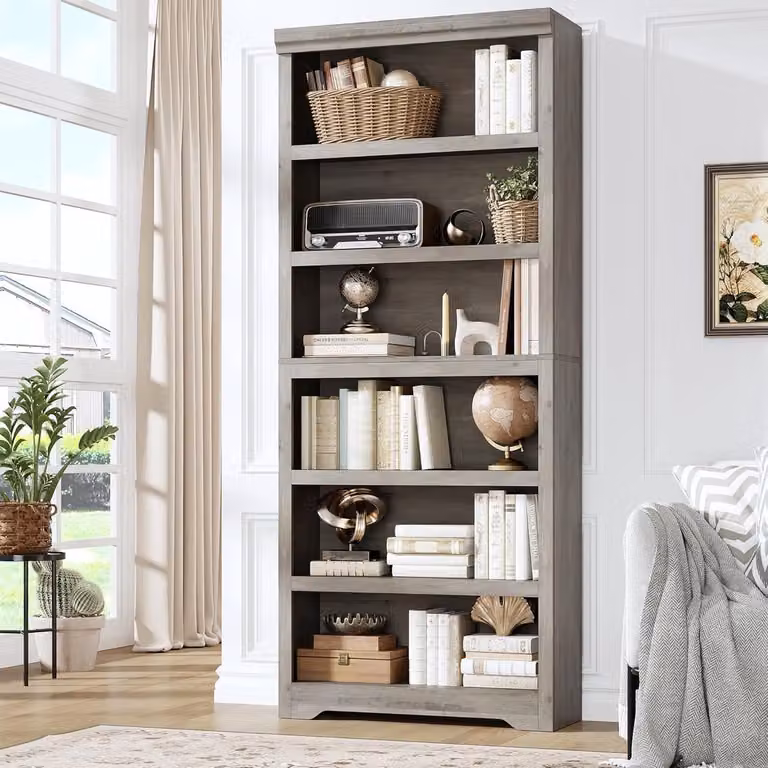 Hoge grijze boekenkast met 6 verstelbare planken en achterpaneel, Hoogte: 190 cm