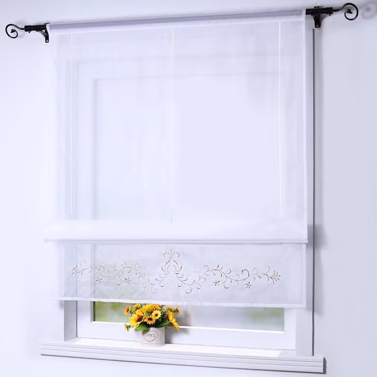 Vouwgordijn met geborduurde plantenmotieven, transparant, 1 stuk, 100% polyester