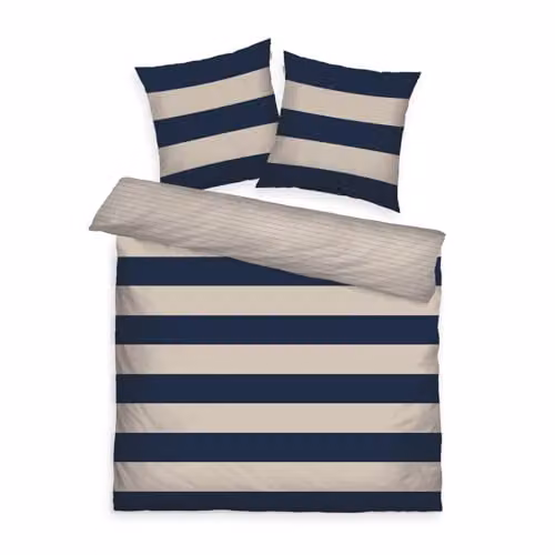 Tom Tailor Beddengoed met Strepen Blauw/Beige, 1x 200 x 220 cm + 2x 80 x 80 cm, 100% Katoen/Renforcé, Omkeerbaar