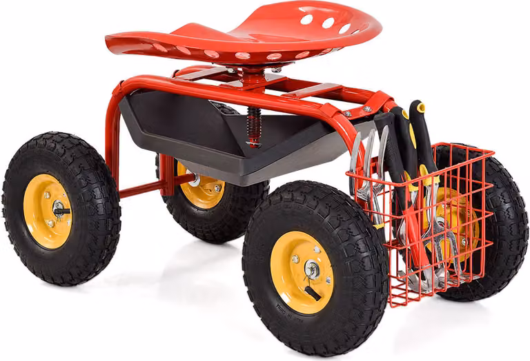 Costway Verrijdbare Tuinstoel met 360° Draaibare Zitting, Opbergmand en Verstelbare Hoogte, Rood
