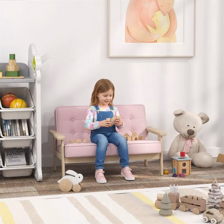 COVREO Kindersofa roze van hout en stof met 2 zitplaatsen, B/D/H: 77 x 42 x 48 cm