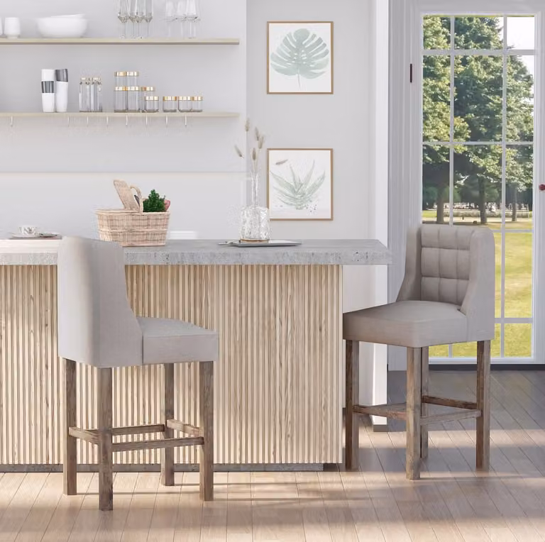 STILVORA Barkruk Set van 2 met Rugleuning en Knopenstiksel voor Keukenbar en Thuisbar, Hout, Beige