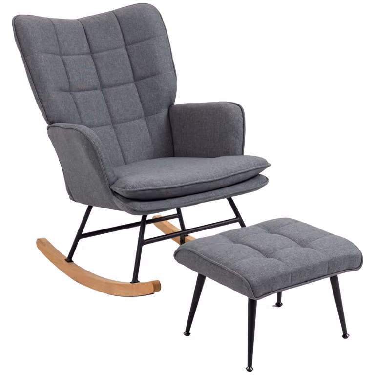 HOMCOM Schommelstoel met Hocker Scandinavisch Design, Grijs Relaxfauteuil met Linnen-look, B/D/H: 64 x 89 x 90 cm