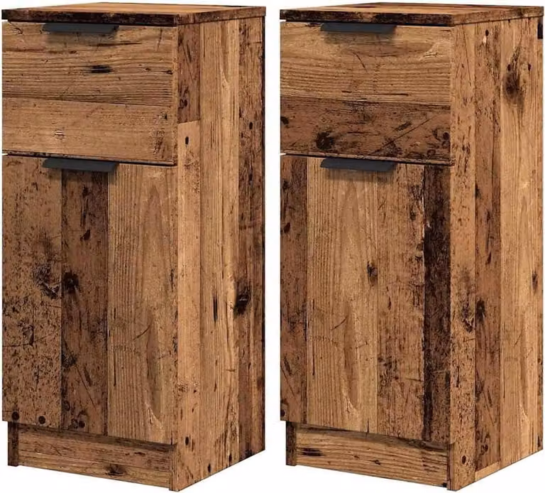 Set van 2 Opbergkasten met Rattan en Hout voor Woonkamer of Slaapkamer, Oud Houtkleurig, B/D/H: 30 x 30 x 70 cm