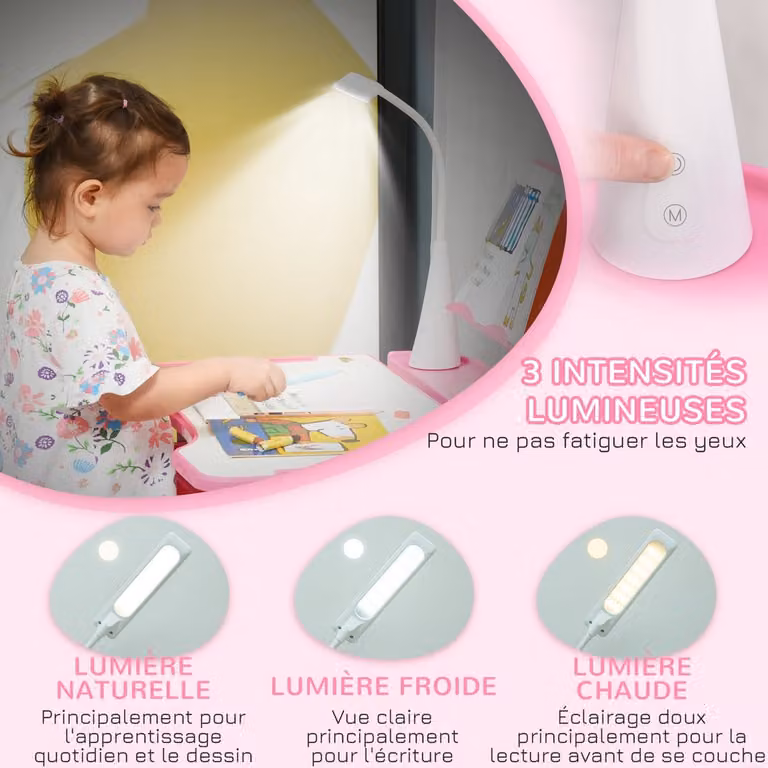 Verstelbare kinderstoel en bureauset met LED-lamp en schuin bureaublad in roze