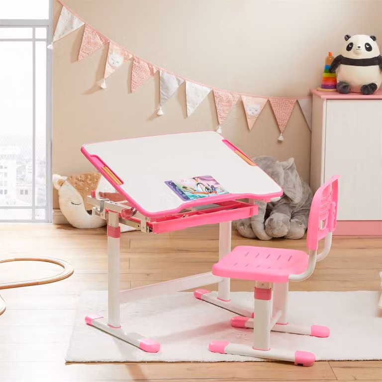 IDIMEX Kinderbureau met stoel TUTTO, kantelbaar en in hoogte verstelbaar – wit/roze