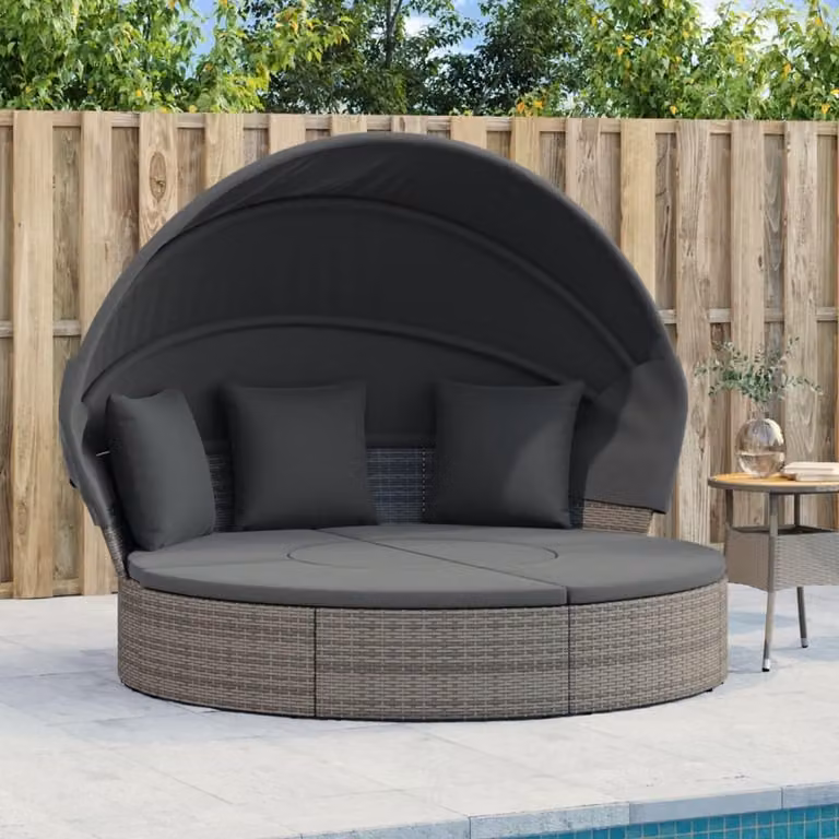 Ronde zonneeiland met dak, kussens en voetenbank, outdoor loungebed voor tuin, terras of balkon, grijs