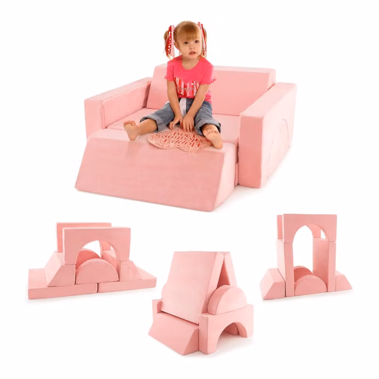 Costway Modulaire Kinderbank met Afneembare Overtrek voor Speelkamer en Kinderkamer - Roze