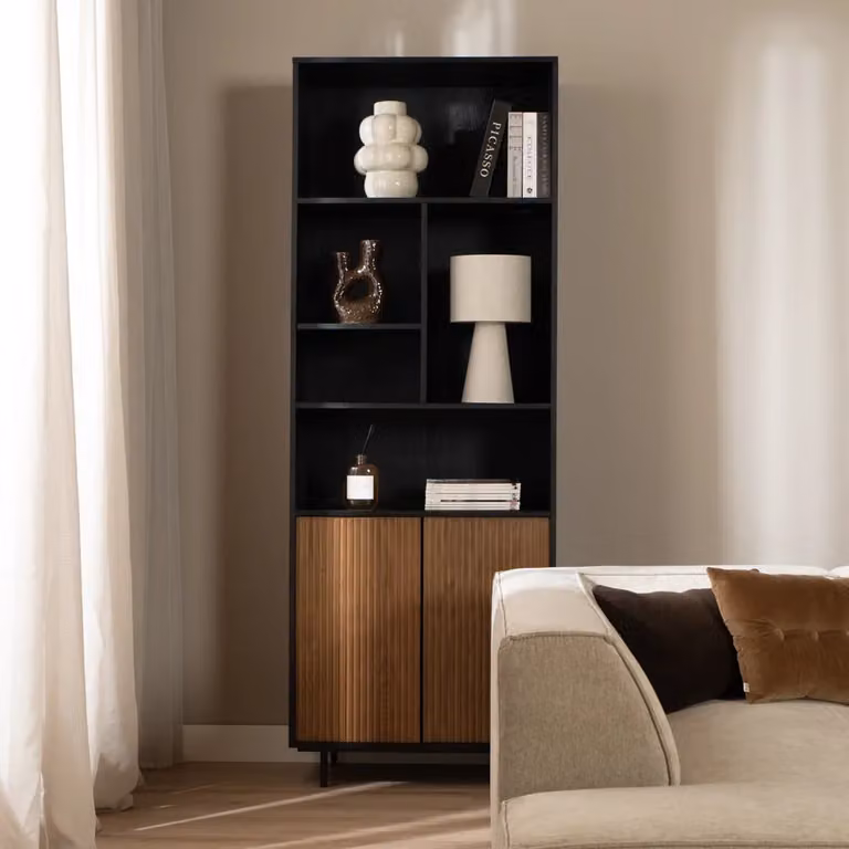 Bronx71 Wandkast in zwart en rustiek eiken met deuren en interne planken, Breedte: 80 cm, Hoogte: 220 cm