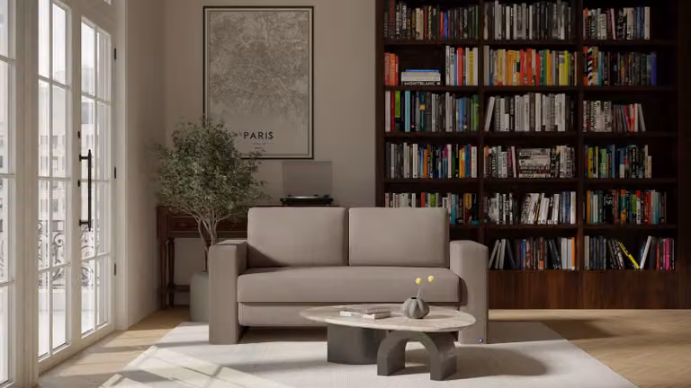 Kubus BRUNO slaapbank in taupe grijs-beige met massief hout en pocketvering, 140 cm
