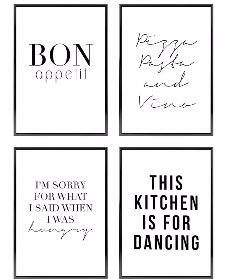Set van vier moderne neutrale poster prints voor keuken decoratie, A4 formaat