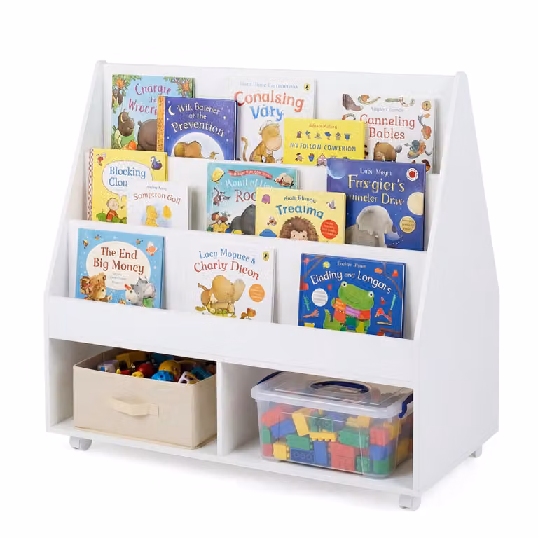 Costway Houten Kinderboekenkast met Wielen en Krijtbord, Speelgoedrek met 3 Planken en 2 Vakken, B/D/H: 90 x 45,5 x 87 cm