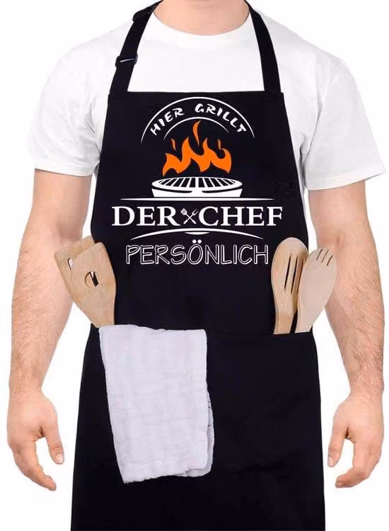 Klassiek BBQ-schort voor volwassenen met twee zakken en verstelbare kraag, zwart katoen