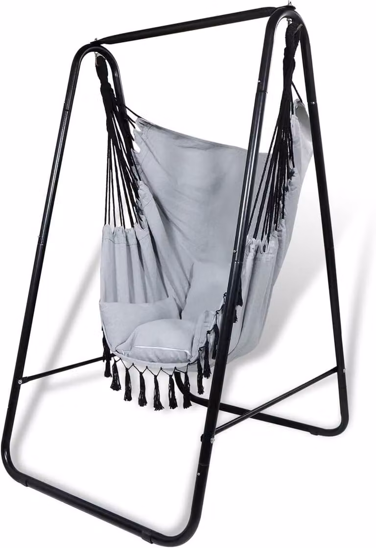 Grijs lounge hangstoel met frame en 3 kussens voor in de tuin