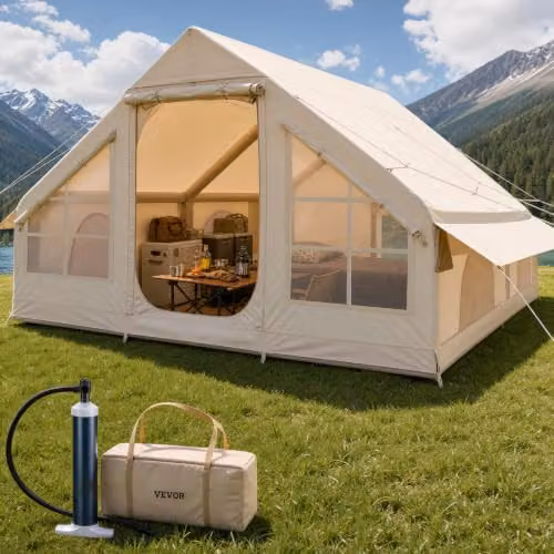 VEVOR Opblaasbare Glampingtent voor 5-8 personen, 4 seizoenen, Beige, inclusief handpomp en opbergtas