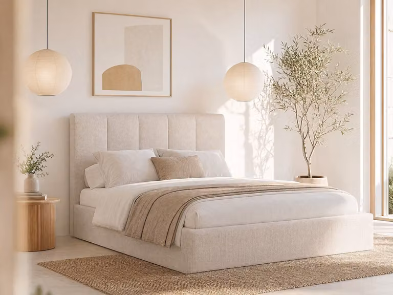 KILACLO Bed met opbergruimte en hoofdbord, Beige, B/D/H: 180 x 200 x 71 cm