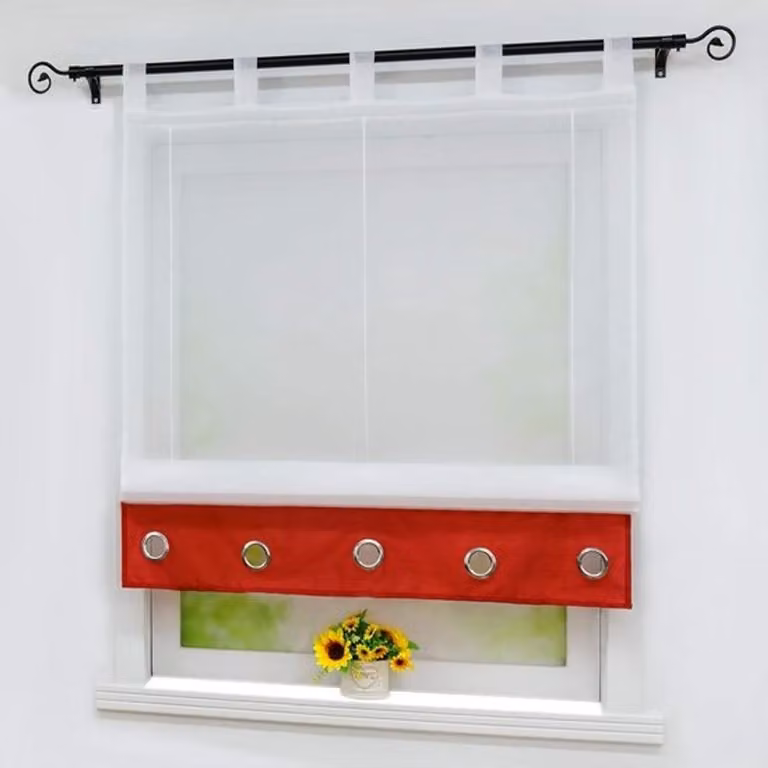 Vouwgordijn met lussen in wit-rood met uniek zoomdesign, 140 x 155 cm